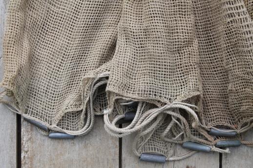 photo of old cotton fishing net w/ wood floats, vintage fish trap net, used but clean #7