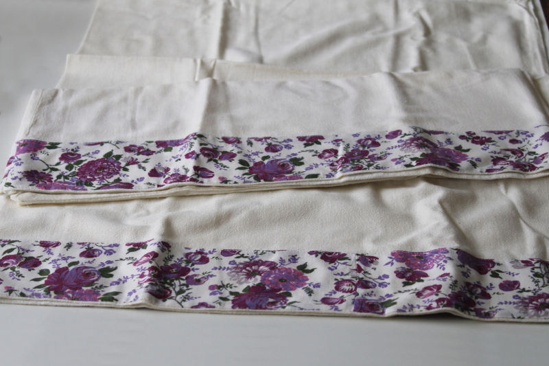 photo of old cotton flour sack pillowcases w/ lavender floral fabric border, cottage vintage bedding #1