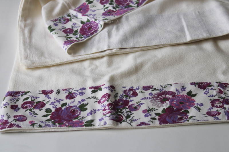 photo of old cotton flour sack pillowcases w/ lavender floral fabric border, cottage vintage bedding #3