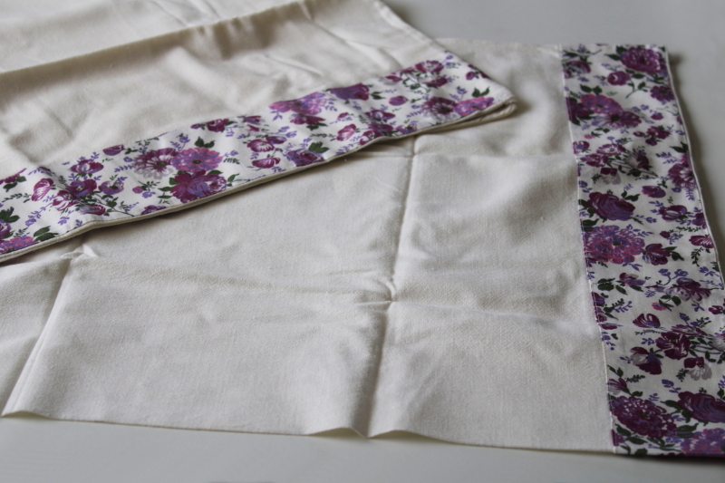 photo of old cotton flour sack pillowcases w/ lavender floral fabric border, cottage vintage bedding #4