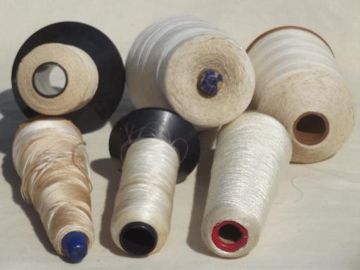 photo of old cotton & linen thread spools, grubby antique vintage thread cones lot #7