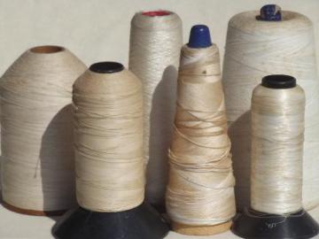 catalog photo of old cotton & linen thread spools, grubby antique vintage thread cones lot