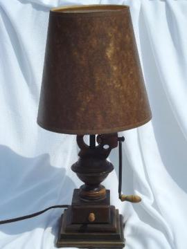 catalog photo of old country primitive coffee grinder lamp, original antiqued paper shade