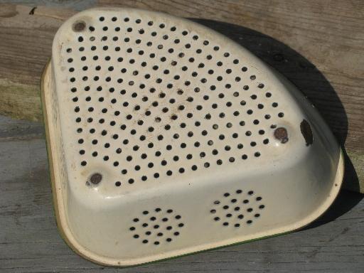 photo of old cream and green enamelware sink corner strainer, triangle shape colander #3