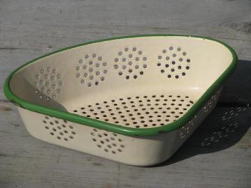 catalog photo of old cream and green enamelware sink corner strainer, triangle shape colander