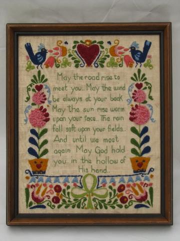 photo of old crewel work wool embroidery, hand-stitched Irish blessing framed #1