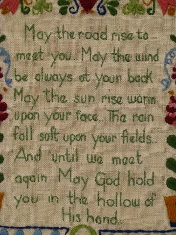 photo of old crewel work wool embroidery, hand-stitched Irish blessing framed #2