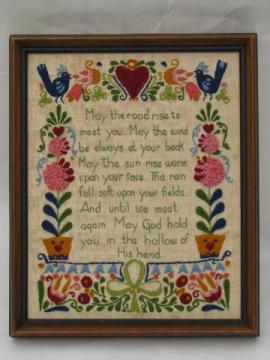 catalog photo of old crewel work wool embroidery, hand-stitched Irish blessing framed