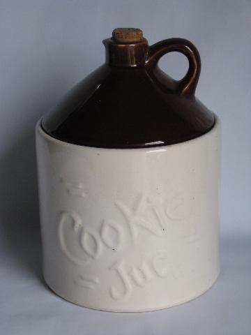 photo of old crock jug shape cookie jar, kitchen counter canister, vintage McCoy pottery #1