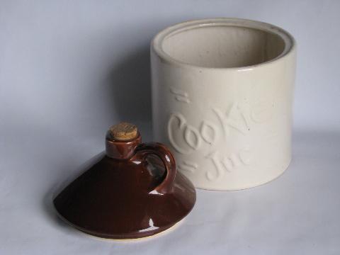 photo of old crock jug shape cookie jar, kitchen counter canister, vintage McCoy pottery #2