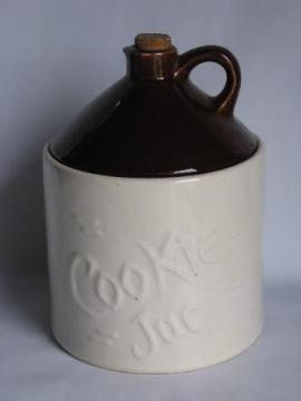 catalog photo of old crock jug shape cookie jar, kitchen counter canister, vintage McCoy pottery