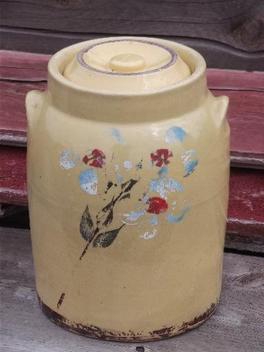 photo of old crock pottery cookie jar or kitchen canister, vintage yellow ware #1