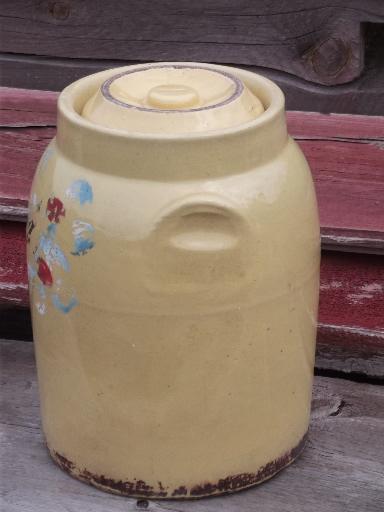 photo of old crock pottery cookie jar or kitchen canister, vintage yellow ware #2