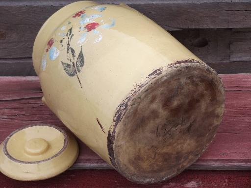 photo of old crock pottery cookie jar or kitchen canister, vintage yellow ware #4