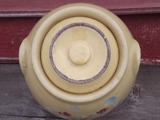 photo of old crock pottery cookie jar or kitchen canister, vintage yellow ware #6