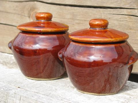 photo of old crockery jam jars or mustard pots, vintage stoneware pottery crocks #1