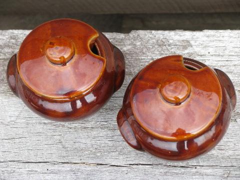 photo of old crockery jam jars or mustard pots, vintage stoneware pottery crocks #2