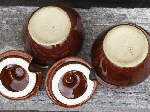 photo of old crockery jam jars or mustard pots, vintage stoneware pottery crocks #4