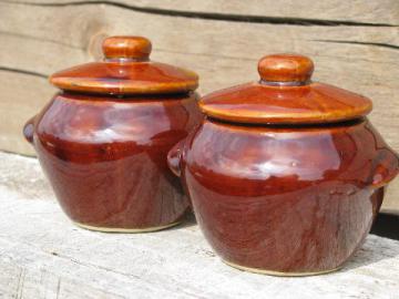 catalog photo of old crockery jam jars or mustard pots, vintage stoneware pottery crocks