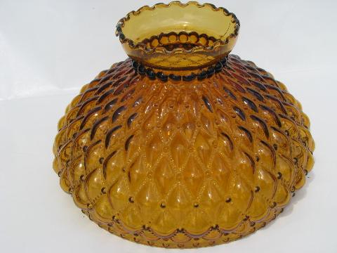 photo of old diamond quilted amber glass table lamp light shade, vintage fenton #1