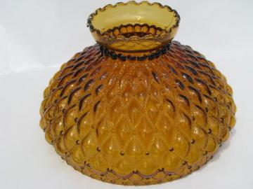 catalog photo of old diamond quilted amber glass table lamp light shade, vintage fenton