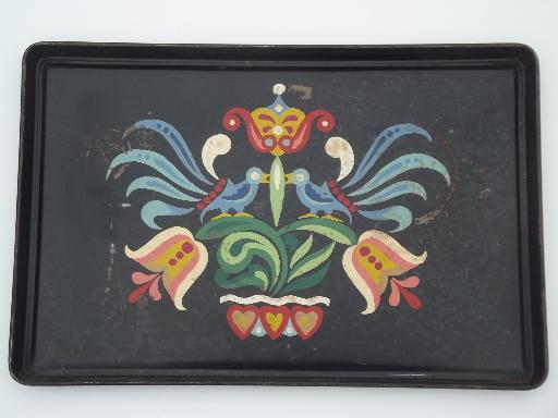 photo of old distlefink folk art hand-painted metal tray, blue birds & tulips #1