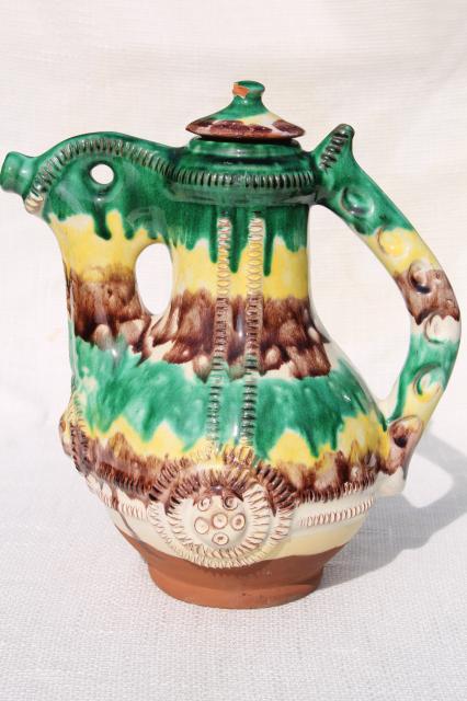 photo of old egg & spinach glaze spatterware pottery coffee pot & cups, terracotta clay #4