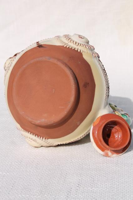 photo of old egg & spinach glaze spatterware pottery coffee pot & cups, terracotta clay #9