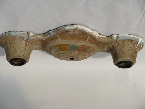 photo of old electric twin light ceiling fixture, ornate cast metal, original painted floral #1