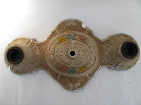 photo of old electric twin light ceiling fixture, ornate cast metal, original painted floral #2