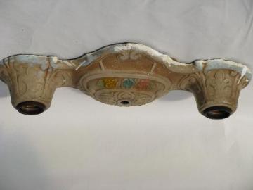 catalog photo of old electric twin light ceiling fixture, ornate cast metal, original painted floral