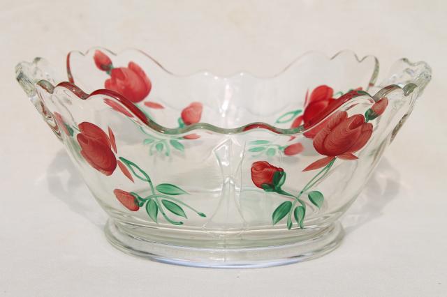 photo of old elegant glass bowl w/ hand painted red roses, mid-century vintage #1