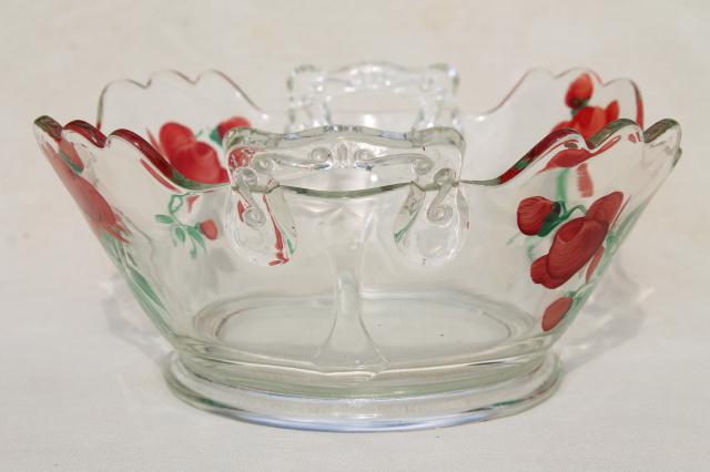 photo of old elegant glass bowl w/ hand painted red roses, mid-century vintage #2