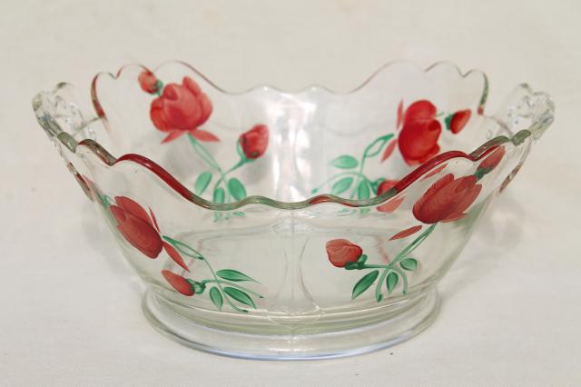 photo of old elegant glass bowl w/ hand painted red roses, mid-century vintage #3