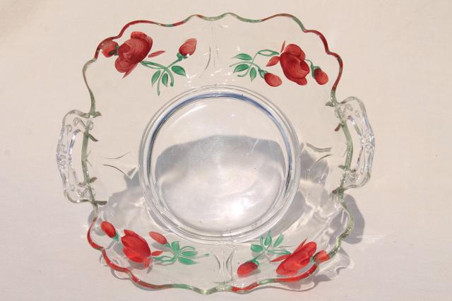 photo of old elegant glass bowl w/ hand painted red roses, mid-century vintage #4