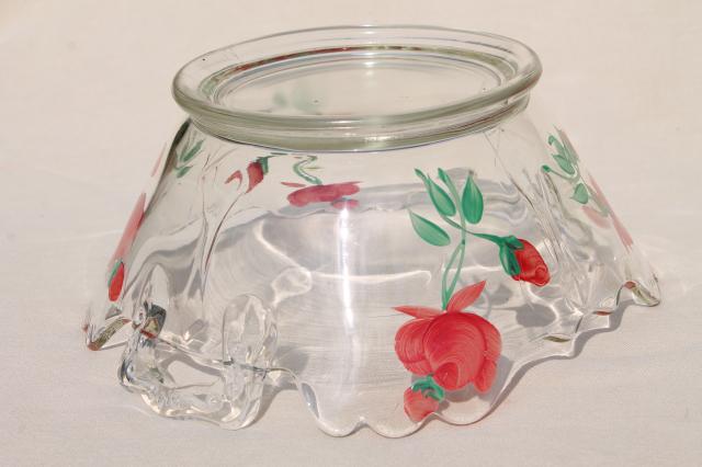 photo of old elegant glass bowl w/ hand painted red roses, mid-century vintage #5