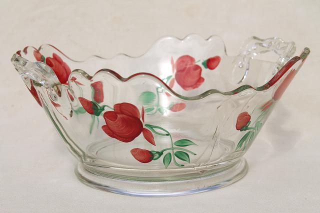 photo of old elegant glass bowl w/ hand painted red roses, mid-century vintage #8