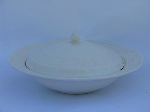 photo of old embossed creamware china covered bowl tureen, vintage American Traditional Canonsburg #1