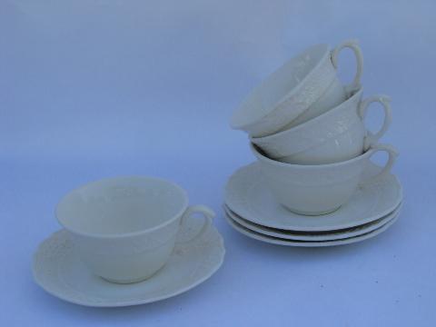 photo of old embossed creamware china, cups & saucers, vintage American Traditional Canonsburg #1