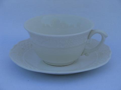 photo of old embossed creamware china, cups & saucers, vintage American Traditional Canonsburg #2