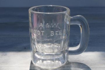 catalog photo of old embossed glass A&W root beer mug baby size, 1930s 40s vintage advertising