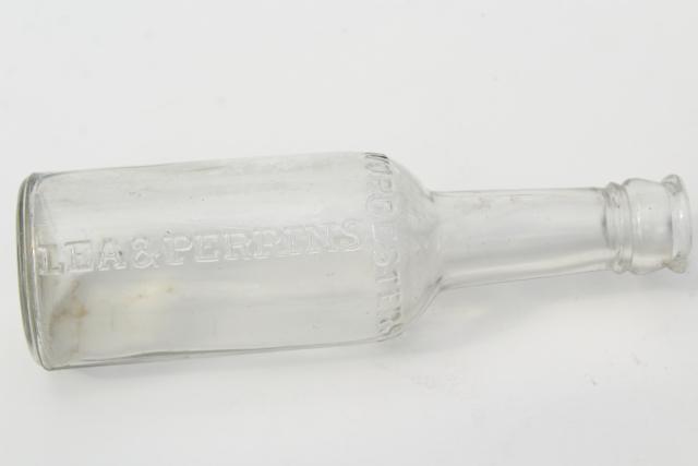 photo of old embossed glass bottle, vintage condiment bottle Lea & Perrins Worcestershire sauce #1