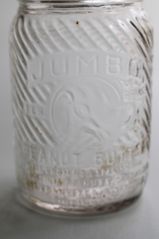 photo of old embossed glass jar w/ elephant, Jumbo Peanut Butter 1930s vintage  #2