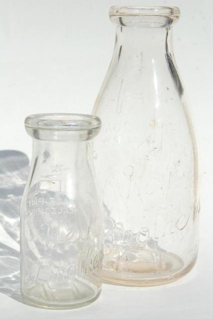 photo of old embossed glass milk bottles, Hey Brothers big & baby brother bottle, 1940s vintage #3