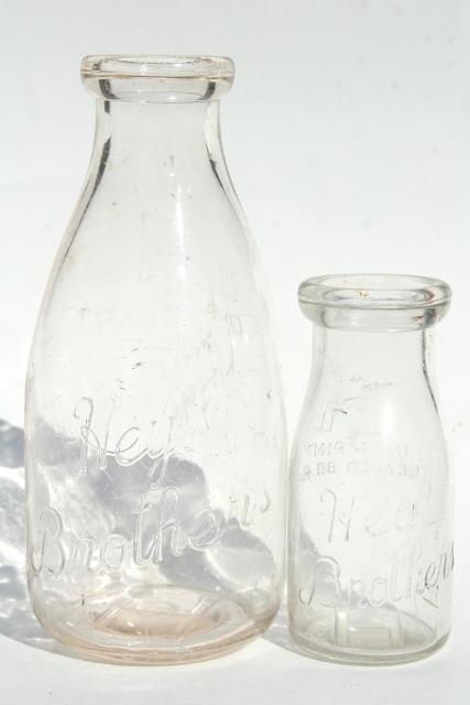 photo of old embossed glass milk bottles, Hey Brothers big & baby brother bottle, 1940s vintage #4