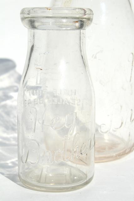 photo of old embossed glass milk bottles, Hey Brothers big & baby brother bottle, 1940s vintage #8