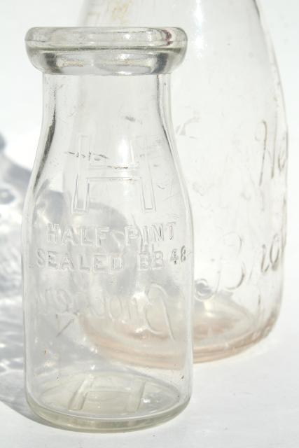 photo of old embossed glass milk bottles, Hey Brothers big & baby brother bottle, 1940s vintage #9