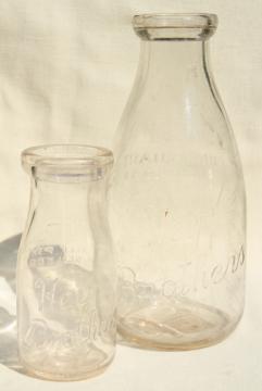 catalog photo of old embossed glass milk bottles, Hey Brothers big & baby brother bottle, 1940s vintage