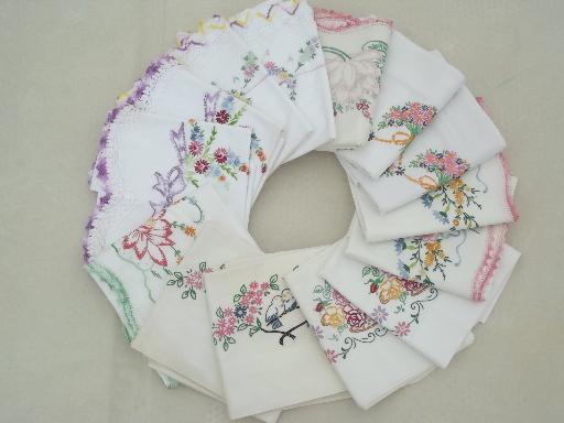 photo of old embroidered cotton pillowcases w/ crochet lace, vintage bed linens lot #1