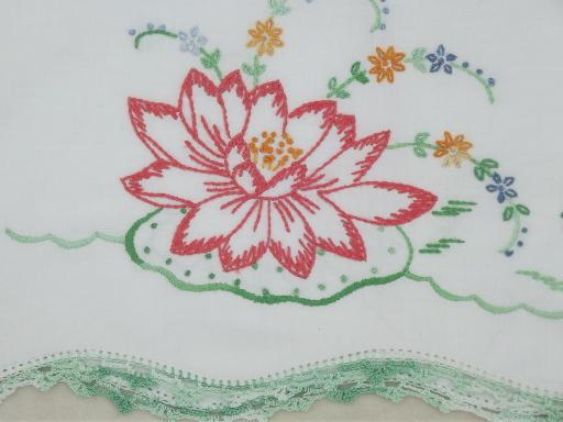 photo of old embroidered cotton pillowcases w/ crochet lace, vintage bed linens lot #2